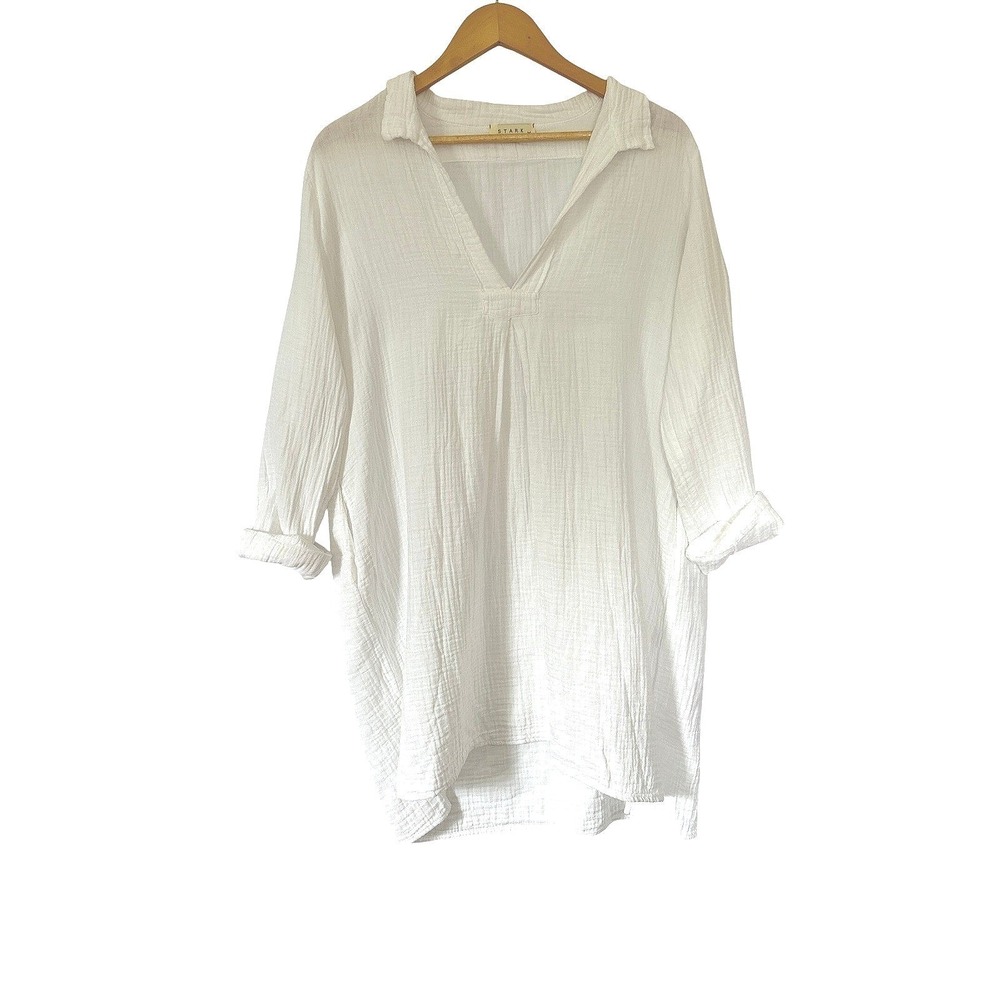 Stark X White Cotton Gauze Popover Tunic Top L Cover Up Made in USA Vacation